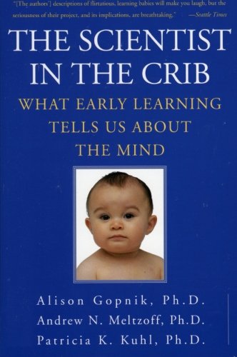 Book cover for "The Scientist in the Crib"; blue cover with headshot of baby in the center.